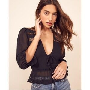 Reformation Emily Lace Trim Black Sheer Long Sleeve Tie Front Blouse Top XS